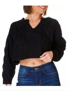 Double Zero Oversized Drop Sleeve Boxy Cropped Sweater - Black Multi Size Small